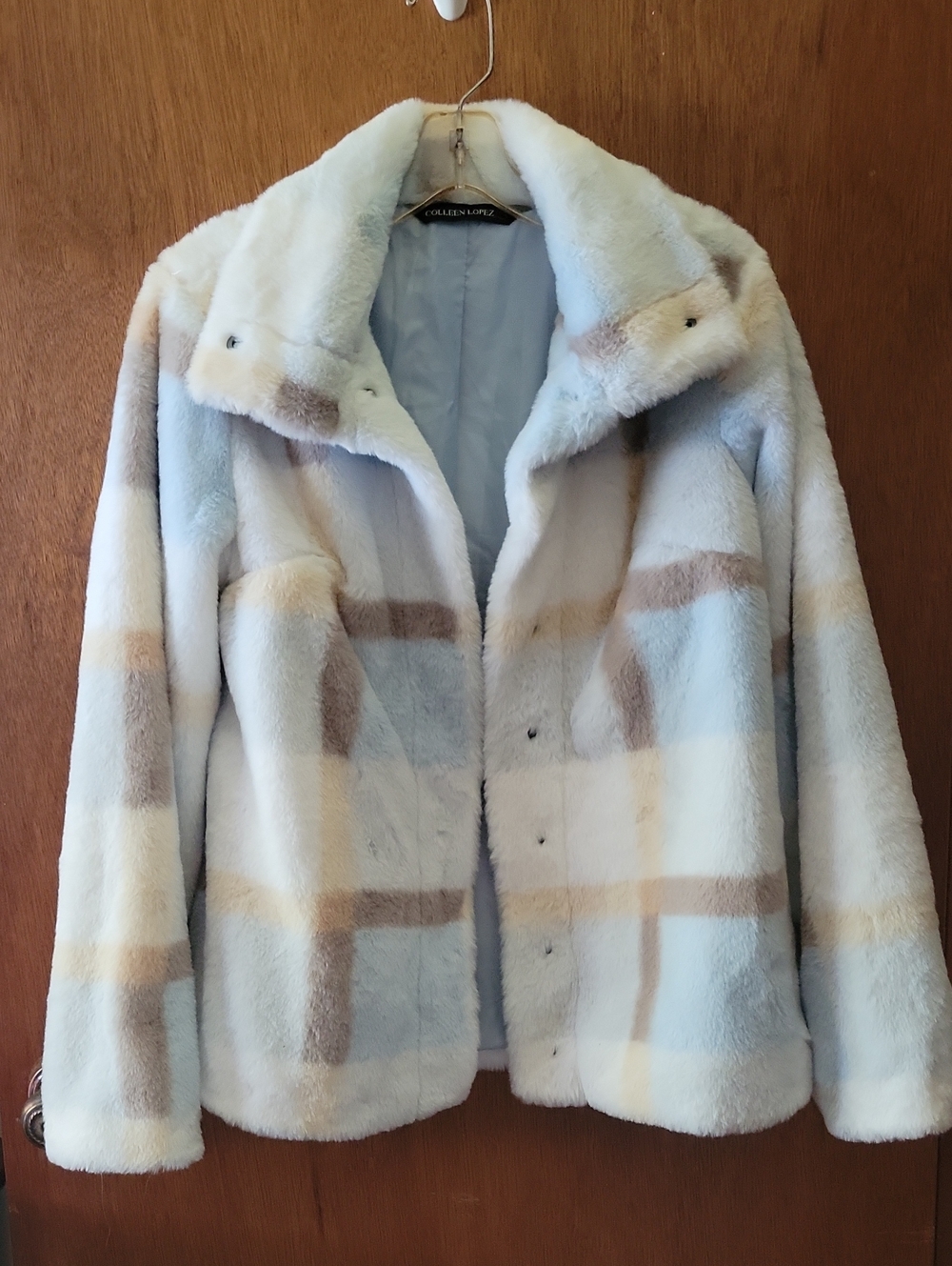 Colleen Lopez Blue and Cream Plaid Faux Fur Jacket